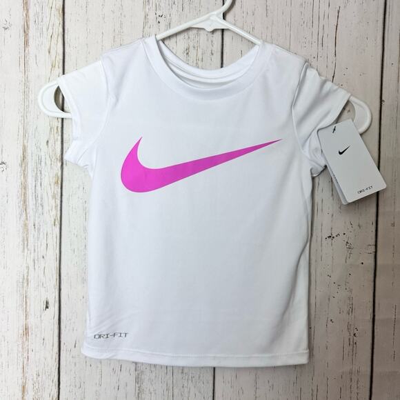 Nike Girls Short Sleeve Pink & White Graphic Logo Swoosh NWT Sz 4 XS - Picture 1 of 15